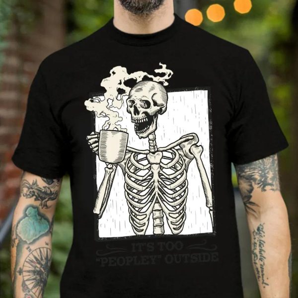 Skeleton Drinking Coffee – Black Like My Soul Skull T Shirt Mens – 0087